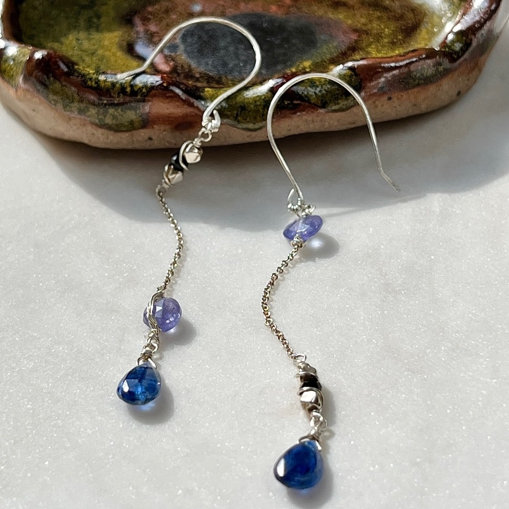 Asymmetrical Sterling Silver Drop Earrings with Kyanite and Tanzanite